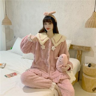 新店優惠 加絨加厚 保暖套裝 外穿 珊瑚絨睡衣女秋冬季加絨加厚可愛毛絨家居服套裝2021年新款網紅潮