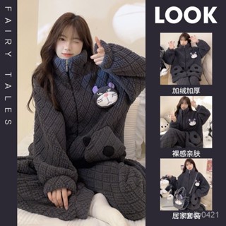 網紅可愛路西法貓珊瑚絨睡衣女冬季新款加絨加厚法蘭絨家居服套裝