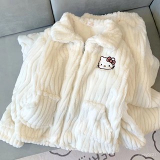 冬季新款HelloKitty睡衣女加絨加厚可愛卡通家居服拉鏈高品質套裝