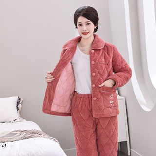 Meet.You.中老年媽媽睡衣女冬季加厚加絨三層夾棉珊瑚絨家居服保暖棉襖套裝