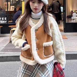 小可家羊羔毛馬甲女外搭秋冬季2024新款皮毛一體羊羔絨馬夾背心坎肩外套 毛衣背心 毛絨馬甲 秋冬背心