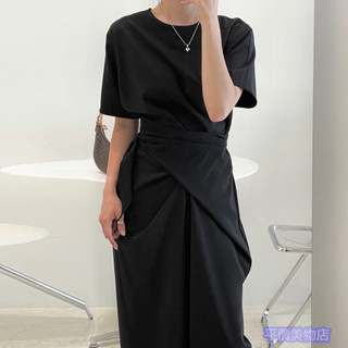 韓國chic夏季優雅氣質圓領綁帶收腰顯瘦中長款純色短袖連衣裙女 洋裝 連身裙 正韓 韓系洋裝 秋冬洋裝長袖洋裝 禮服