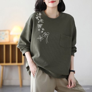 秋季新款 純棉長袖 衛衣女 女裝 寬鬆大碼衛衣 胖mm 遮肉顯瘦 外穿口袋上衣 圓領衛衣 長袖上衣 印花口袋
