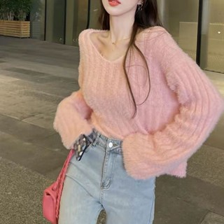 慄秋【】粉色海毛V領毛衣外套女寬松早秋季外穿慵懶風長袖針織衫套頭上衣