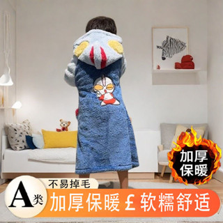 【臺灣-出貨】兒童睡衣男童珊瑚秋冬季睡袍女童加厚中大童家居服法蘭絨浴袍連體