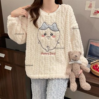 珊瑚絨睡衣女加厚保暖秋冬新款法蘭絨卡通可愛吉伊卡哇家居服套裝 可愛睡衣 居家服 睡裙女睡衣