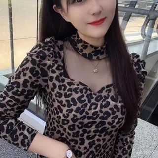 優選🔔豹紋打底長袖上衣女 針織打底春秋新款韓版修身彈力打底衫毛衣女套頭長袖性感鏤空蕾絲針織衫女 5CQB
