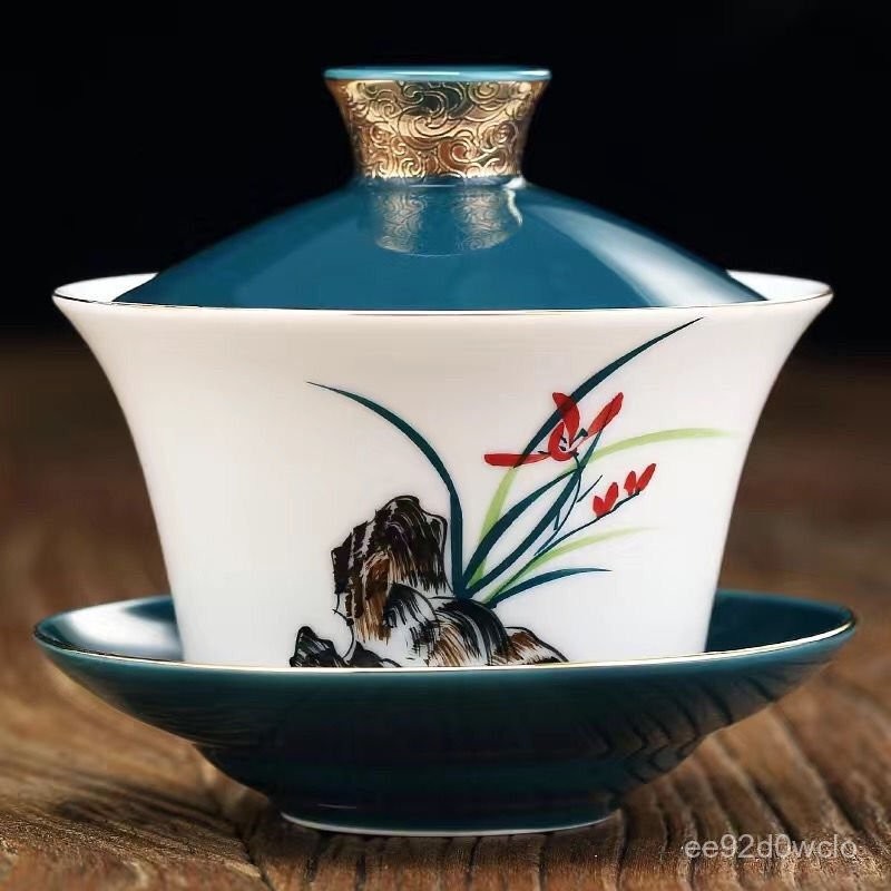 【玉茗軒】孔雀綠白瓷描金蓋碗 手绘三才盖碗 茶杯 茶碗 茶具 白瓷盖碗 大号家用泡茶三炮台八宝茶碗