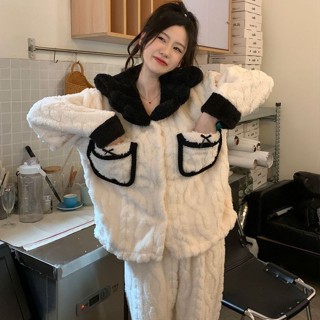 韓系 保暖 冬季 居家服 睡衣 ins法蘭絨睡衣女冬加厚加絨珊瑚絨提花網紅小香風保暖套裝居家服