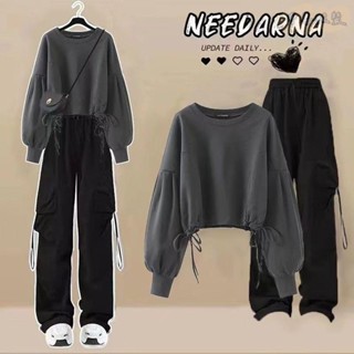 🎀布要服裝🔥臺灣出貨🎀 2023秋季套裝女學生韓版寬松設計感長袖衛衣+帥氣工裝褲兩件套潮