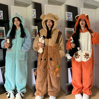 趣味可愛卡通連帽珊瑚絨睡衣女冬季加絨加厚毛絨連體睡袍家居服冬睡衣 睡裙 睡袍 U2KH