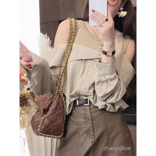 條紋假兩件露肩襯衫女秋季2024新款女裝寬鬆長袖上衣設計感小眾女 AZQY