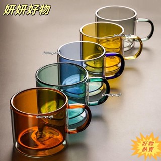 【臺灣熱賣】（可磨砂訂製logo）雙層玻璃水杯 彩色玻璃杯 帶手柄茶杯 耐熱咖啡杯 家用飲料杯 果汁杯 早餐杯 生日禮物