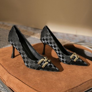 【GL SHOES】細跟高跟鞋 百搭配裙子 韓式法式高跟鞋2024年新款黑色職業高跟鞋女細跟網紅金屬鏈子性感方頭工作單鞋
