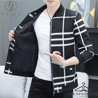 新款男士夾克外套韓版時尚薄款印花格子棒球服青年精品服裝簡約款👔衣度翩翩👔