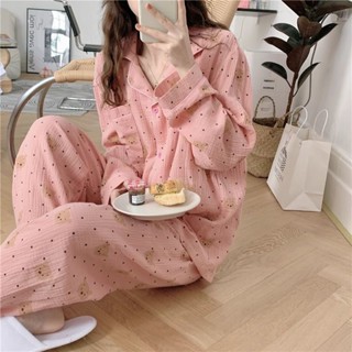 泡泡皺圓點印花睡衣女新款春秋季日係甜美長袖寬鬆家居服套裝女