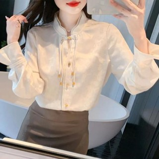中國風春季新款新中式國風暈染珠盤扣襯衫設計感氣質長袖上衣 新中式 中國風上衣 韓版上衣 大尺碼上衣 長袖襯衫 復古