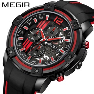 【臺灣出貨】MEGIR/美格爾品牌時尚大錶盤石英錶計時碼錶矽膠錶帶半鏤空多功能日曆防水真三眼運動休閒男士手錶2097G