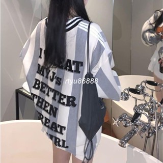 【唯家】秋季長袖大學T 條紋V領棒球衣 撞色長袖寬鬆衛衣女 秋季2024新運動外套 休閒中長上衣