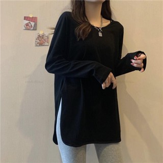 韓版秋季新品🍂大尺碼上衣 長袖T桖 棉加厚保暖德絨開叉打底衫女 秋冬大碼胖mm寬松中長款 長袖t恤上衣100KG可穿