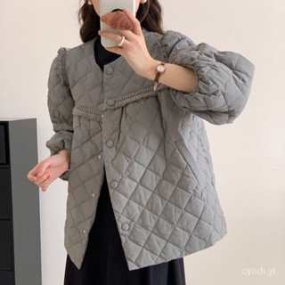 羽絨外套 韓版反季2024冬新款羽絨服女設計感流蘇泡泡袖菱格圓領白鴨絨外套 防寒 保暖羽絨服 白鴨絨外套女生1121 D