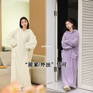 桃園出貨🌸珊瑚睡袍 可愛睡衣 珊瑚絨睡衣 浴袍 【同款低價】連帽睡袍女可外穿長款浴袍情侶睡袍冬季連衣裙家居服