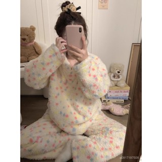 【冬季睡衣】韓係彩色波點珊瑚絨睡衣女款冬季加絨加厚保暖毛絨家居服甜美套裝