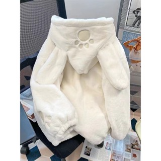 APT奶呼呼可愛甜美兔耳朵小熊外套女冬季白色連帽加厚羊羔毛棉衣棉服