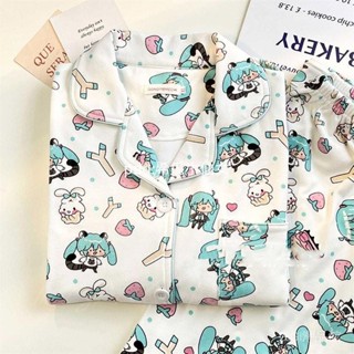 冬天睡衣 居家服 韓國睡衣 S-2XL 初音未來Miku德絨睡衣女春秋冬季加絨加厚保暖長袖長褲家居服套裝 3NQ9