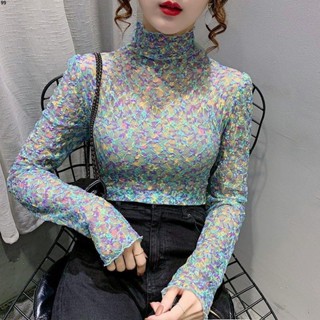 蕾絲打底襯T恤女💕加絨加厚碎花蕾絲衫女2024秋冬新款韓版網紗高領長袖打底衫上衣