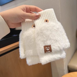 🌸桃園出貨 現時特賣🌸冬季加厚半指翻蓋手套女可愛冬天騎行保暖針織學生可寫字打字手套