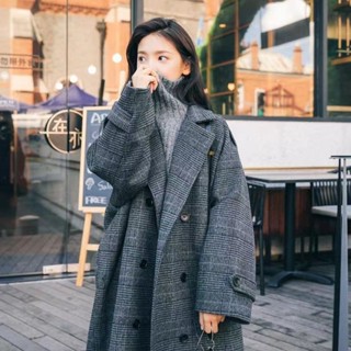 秋季新款法式女過膝中長款外套大衣2024韓版寬鬆赫本風大衣格子 小香風外套 棒球外套 韓國外套 美式外套 風衣