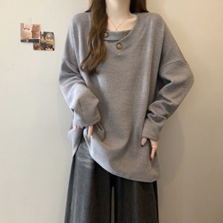 長袖 t恤女 長袖上衣 長袖女 大碼螺紋桿坑條V領長袖上衣女2024秋季新款寬鬆顯瘦時尚打底衫女