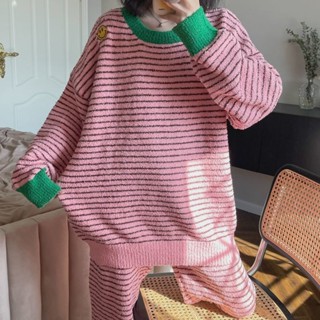 Lam 睡衣 居家服條紋笑臉軟綿綿睡衣女冬季加厚毛絨絨套裝珊瑚絨保暖可外穿家居服