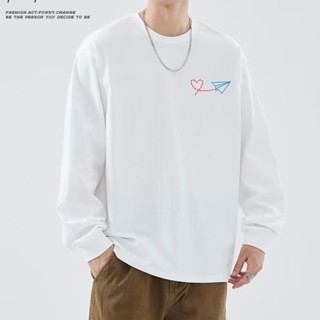 M-8XL 男士長袖T恤夏季 薄款寬鬆 上衣青少年學院風上衣秋季圓領體恤打底衫長袖上衣 上衣 oversize 印花T恤