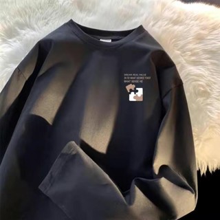 M-8XL 男士長袖T恤夏季 大呎碼男裝上衣青少年學院風上衣秋季圓領體恤打底衫長袖上衣 上衣 印花T恤 oversize