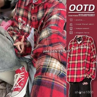 超實惠·買它👉美式刺繡複古紅色格子防曬新款襯衫男女長袖寬鬆上衣外套襯衣 BB44