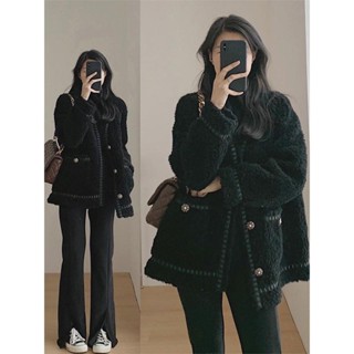 【M-5XL大尺碼】羊羔絨外套 秋冬外套 保暖外套 黑色羊羔毛外套女2025秋冬新款爆款加絨加厚小香韓係風高級感初冬