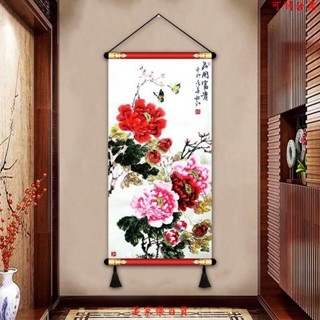 裝飾畫 掛畫 背景畫 掛簾 遮擋簾 卷軸畫花開富貴客廳掛畫牡丹花卷軸中式玄關平安富貴裝飾畫豎版壁畫