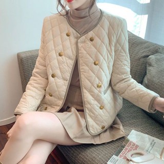 (臺灣出貨)SY長袖上衣菱格小香風上衣撞色輕薄款棉服外套女冬季保暖休閒韓版氣質短款上衣開衫上衣