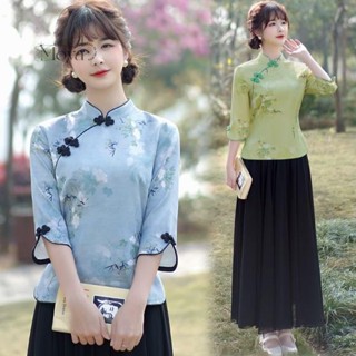 春夏新款復古中式唐裝中袖旗袍上衣民國風改良漢服兩件套裝茶藝服 學生制服 學院風套裝 復古套裝 休閒套裝 寬鬆套裝 民國風