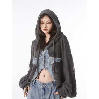 慵懶毛衣 短版上衣 灰色毛衣 薄毛衣 美式複古設計感短款星星開衫毛衣女秋季設計慵懶風小眾 針織衫 外套 破洞毛衣