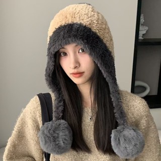 🔥免運🚀『Moph』冬季防寒帽大頭圍毛絨掛球可愛護耳帽子遮耳加絨加厚拚色針織帽