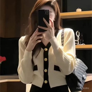 【免費參觀】開衫針織毛衣 毛衣女 針織外套 短款小香風V領毛衣女秋季2023新款女裝爆款長袖針織開衫外套上衣 Z6WO
