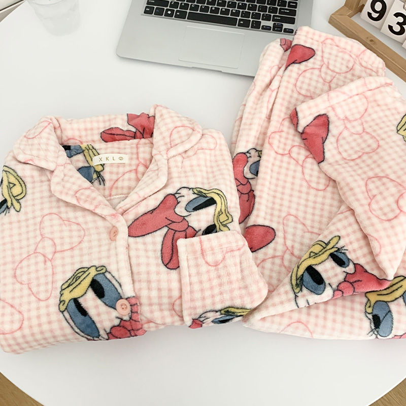 韓版日系粉格子ins睡衣女秋冬季珊瑚絨加絨加厚可愛黛西鴨保暖居家服