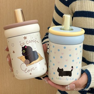 小巧簡約可愛小貓保溫杯高階感精緻便攜水杯不銹鋼隨手喝水杯子 500ml附吸管 咖啡保溫杯 吸管保溫杯 保溫瓶 隨行杯