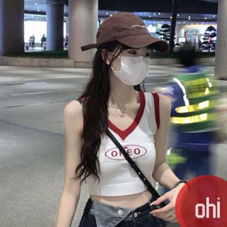 【ohi】撞色V領針織美式復古甜辣超火字母針織背心吊帶背心上衣小可愛 細肩帶背心 針織上衣 短版背心GVCB20