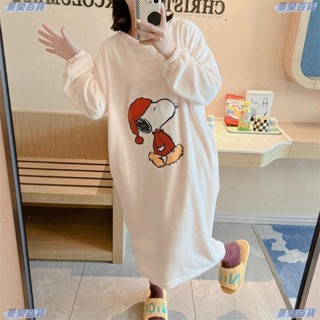🌸景榮優品🌸多款冬季法蘭絨睡裙女 中長款過膝珊瑚絨長袖可愛史努比睡衣家居服 有口袋 女士保暖居家睡衣裙21