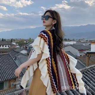 挑戰最低價🏆民族風披肩針織拚色旅遊雲南麗江波西米亞圍巾木耳邊披肩外搭 VIWA