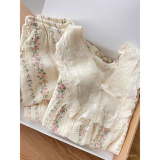 💯桃園有貨🚚居家睡衣女 甜美睡衣女 V領睡衣 睡衣套裝 公主風睡衣女春秋冬長袖長褲ins韓版花邊甜美學生雲朵棉家居服套裝